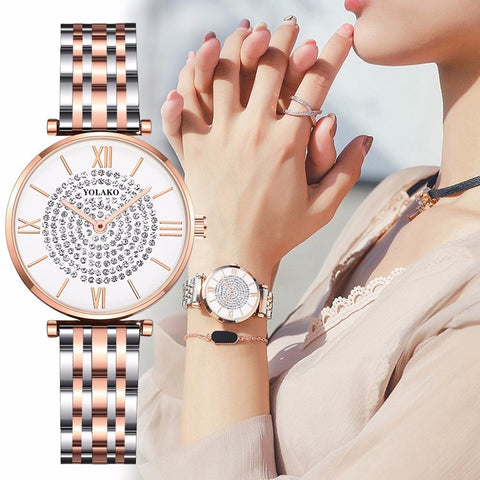 Hot Sale Women Stainless Steel Full Diamond Wrist Watches Casual Luxury Ladies Quartz Watch YOLAKO Clock Relogio Feminino