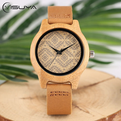 YISUYS Minimalist Diamond Face Dial New Bamboo Wooden Wrist Wtach Women Ladies Bangle Wood Timber Clock Genuine Leather Band