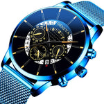 Relojes Masculino Mens Watches Fashion Stainless Steel Luxury Calendar Display Analog Quartz Wrist Watches Business blue Watch