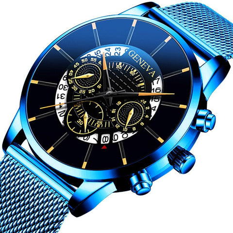 Relojes Masculino Mens Watches Fashion Stainless Steel Luxury Calendar Display Analog Quartz Wrist Watches Business blue Watch