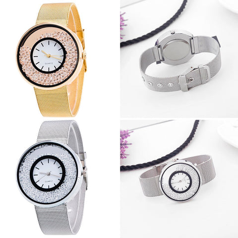 Brand Fashion Rose Gold & Silver Mesh Band Quartz Wtach Luxury Stainless Steel Women Rhinestone Watch Relogio Feminino