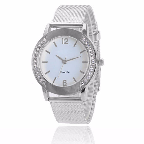 Brand Design Stainless Steel Watch Silver Wrist Wtach Women Rhinestone Mesh Band Quartz Watch bayan kol saati