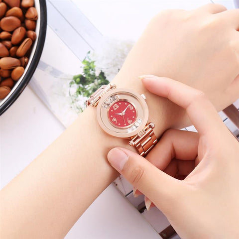 Fashion Women Rotate Diamond Watch Rose Gold Stainless Steel Quartz Wristwatch Ladies Elegant Business Rhinestone Wtaches
