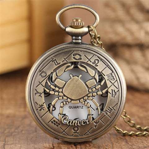 Retro Hollow Pendant Quartz Pocket Watch Women Twelve Constellations Copper Necklace Wtaches Modern Men Bronze Clock