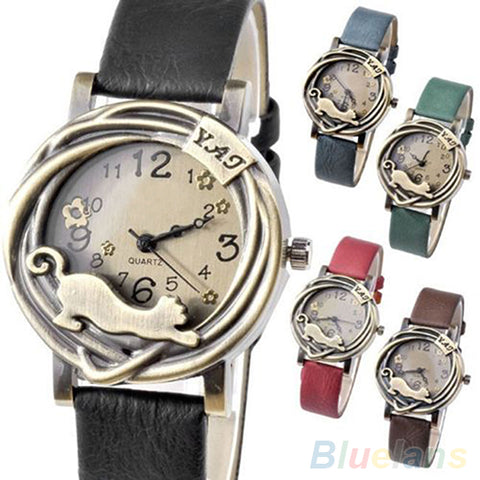 Hot Sales Fashion Vintage Womens Bronze Case Cat & Flower Quartz Analog Wrist Watch