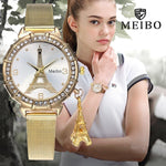 2017 New Fashion Stainless Steel Gold & Silver Band Quartz Wtach Luxury Women Rhinestone Watches Valentine Gift clock