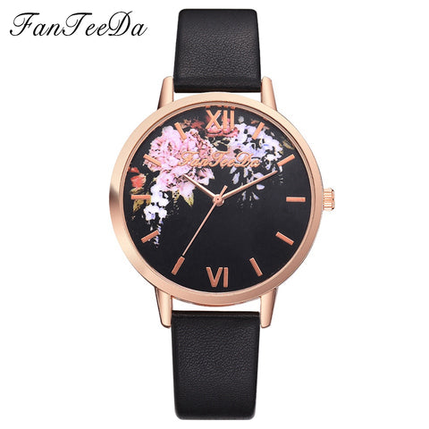 Fanteeda Brand Flower Watch Rose Gold Wtach Leather Quartz Women Wristwatches Women Fashion Luxury Ladies Summer Dress Watches