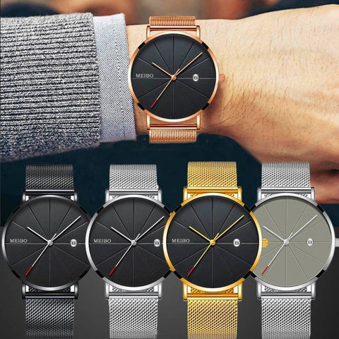 Mens Watches Business Sports Leisure Quartz WristWatch Stainless Steel Mesh Strap Ultra Thin Dial Date Clock Relogio Masculino